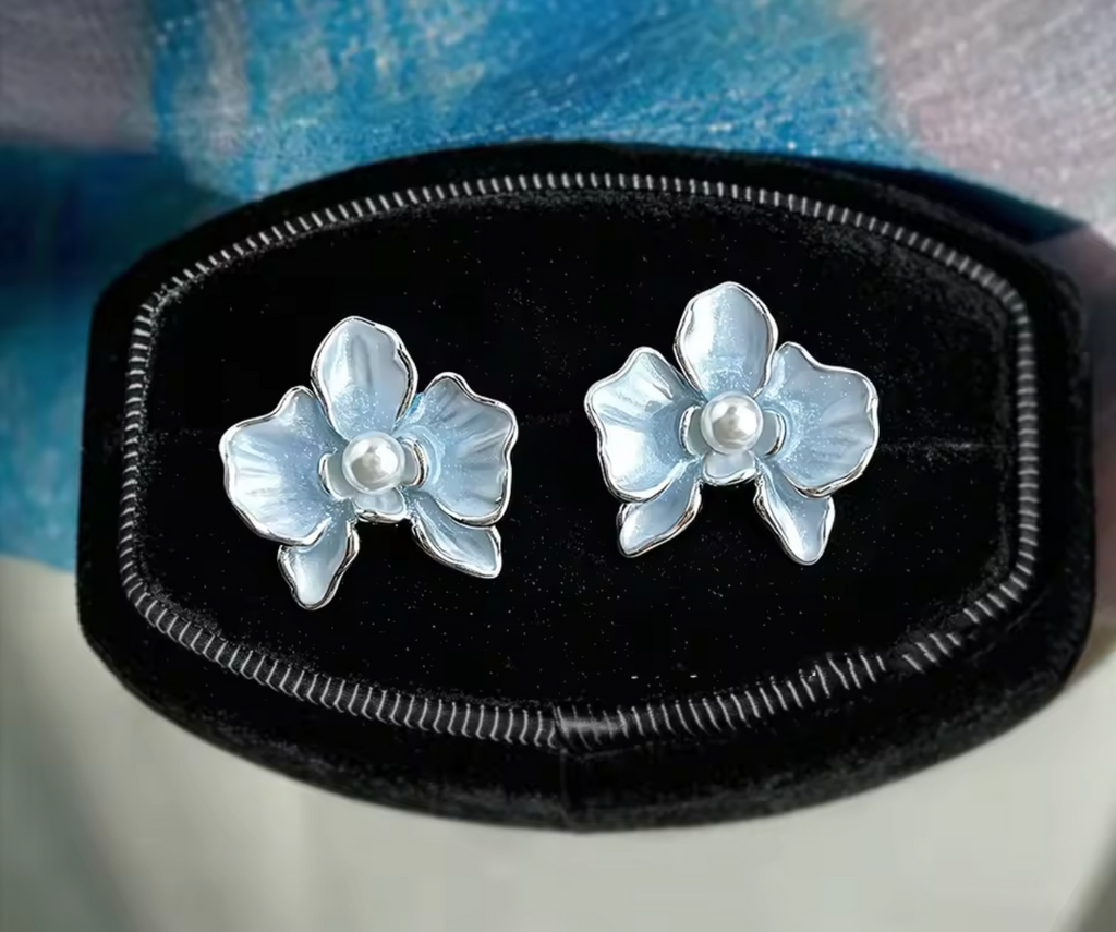 Light Blue Enamel Flower Pearl Stud Earrings