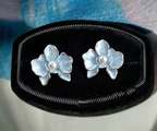Light Blue Enamel Flower Pearl Stud Earrings