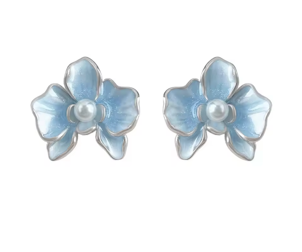 Light Blue Enamel Flower Pearl Stud Earrings