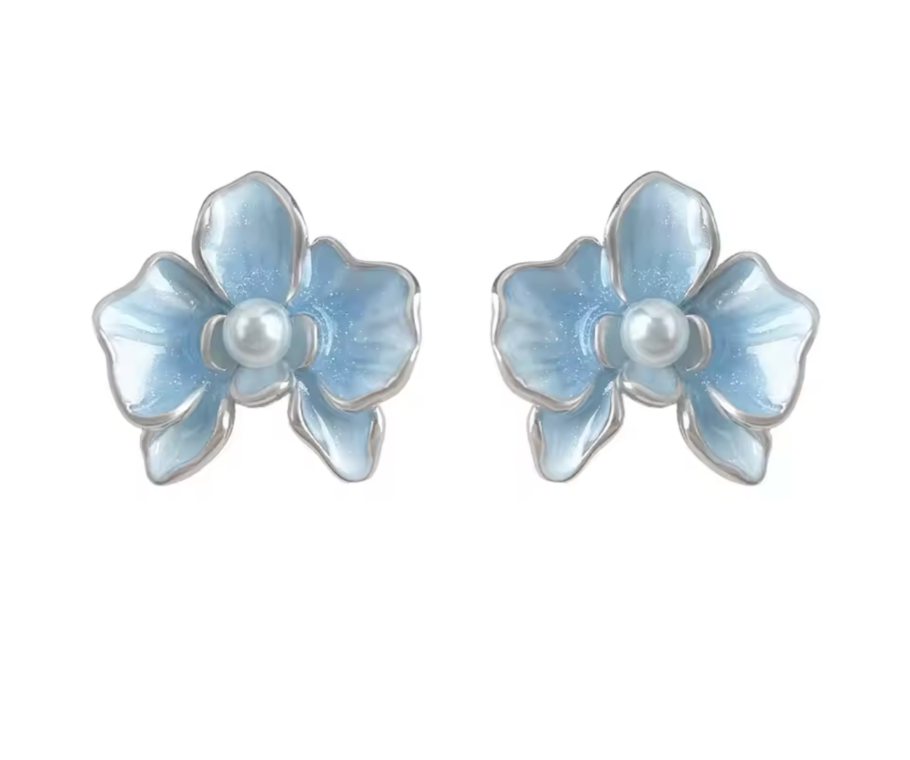 Light Blue Enamel Flower Pearl Stud Earrings
