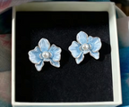Light Blue Enamel Flower Pearl Stud Earrings