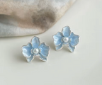 Light Blue Enamel Flower Pearl Stud Earrings