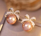 Micro Pave Zircon Bow Pearl Pendant Earrings