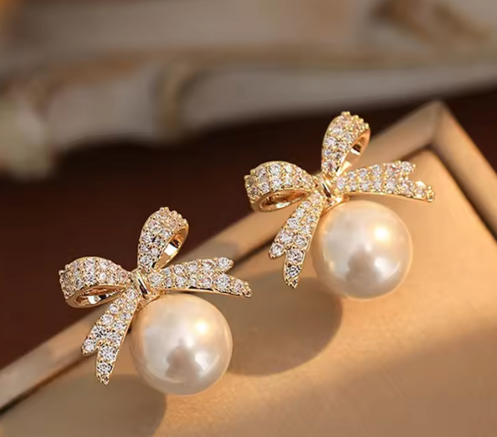Micro Pave Zircon Bow Pearl Pendant Earrings