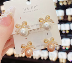 Micro Pave Zircon Bow Pearl Pendant Earrings