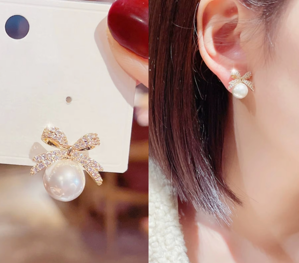 Micro Pave Zircon Bow Pearl Pendant Earrings