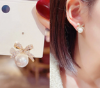 Micro Pave Zircon Bow Pearl Pendant Earrings