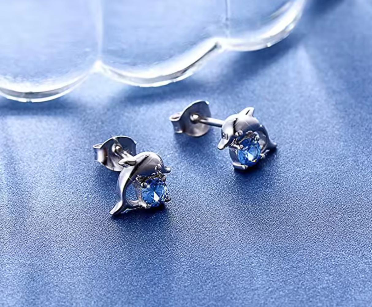 Huitan Blue Dolphin Stud Earrings